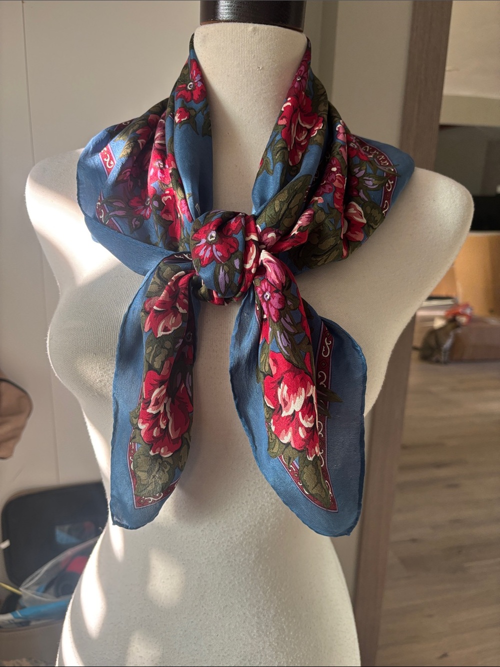 Echo Blue Scarf with Red & Pink Floral Motif silk.